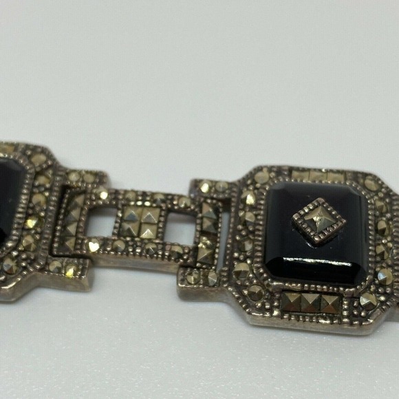 Vintage 925 Sterling Silver Marcasite Black Onyx Panel Deco Bracelet 8 3/8" - Picture 6 of 9